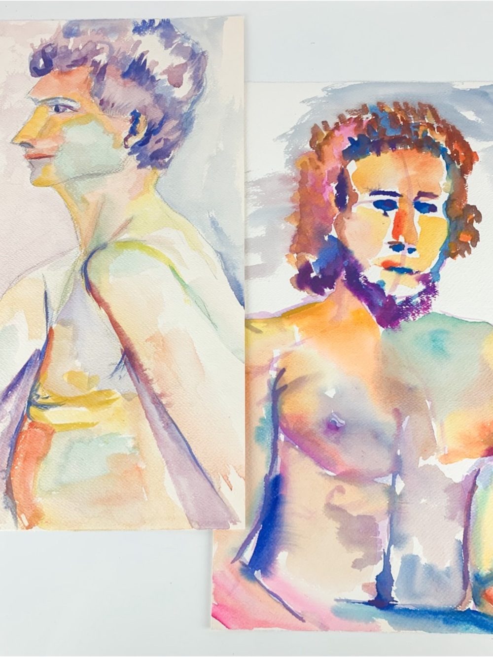 2 Vintage Nude Man Colorful Male Watercolor Painting Study Figure Rosemarie Hahn